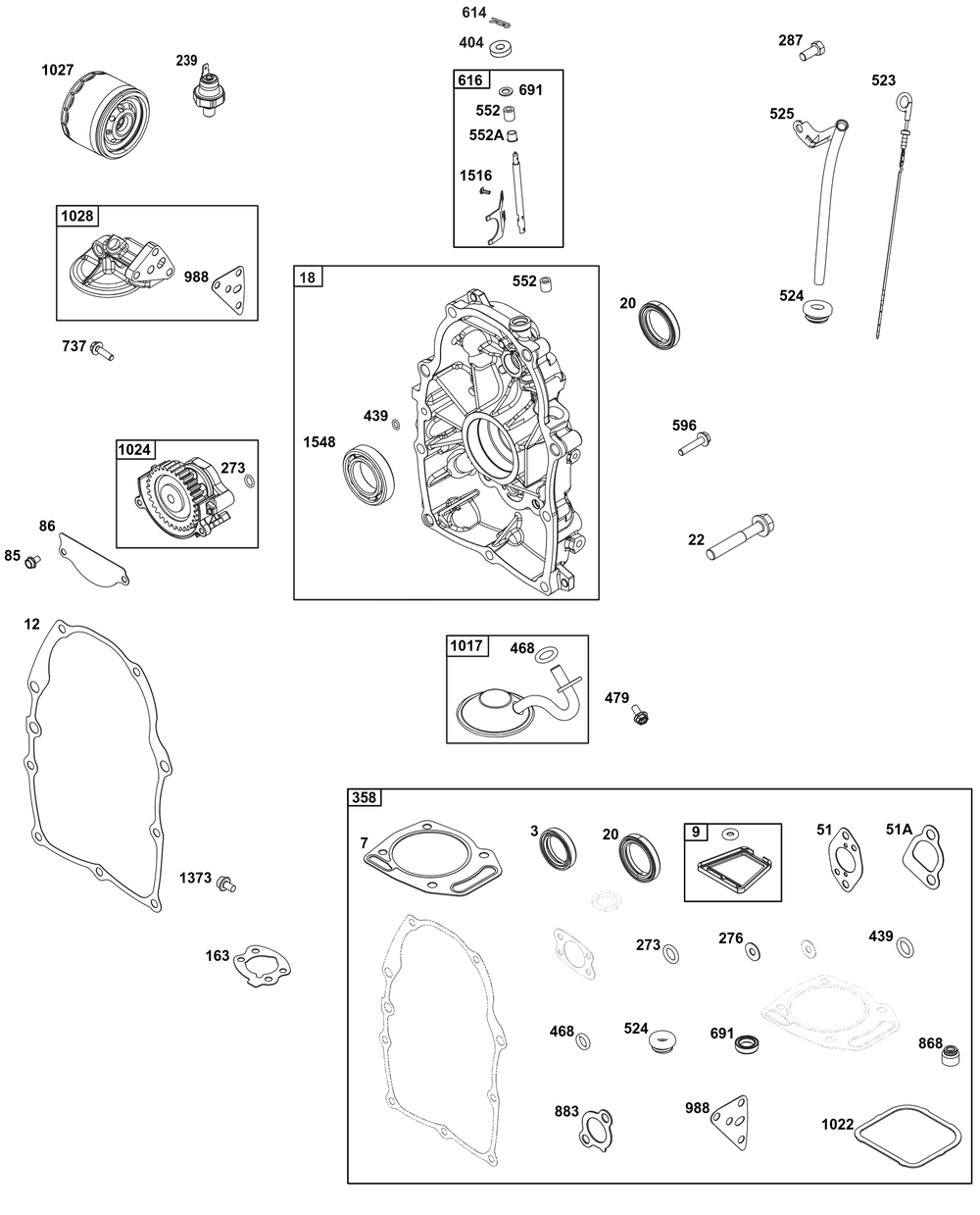 Crankcase Cover/Sump And Lubrication Group Diagram and Parts List for 356447-0718-G1 200000 - 399999 Briggs and Stratton Engine
